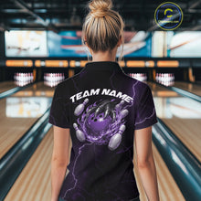 Load image into Gallery viewer, Custom Black And Purple Lightning Montrous Flame Bowling Tournament Women Polo Team Shirt IPHW11073