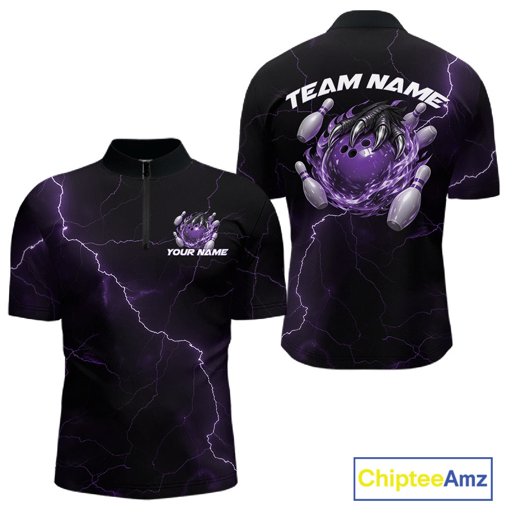 Front and back black and purple mens bowling quarter-zip featuring a dragon claw gripping a flaming bowling ball with lightning fantasy accents.