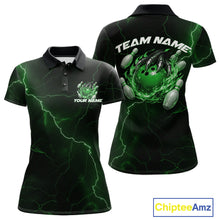 Load image into Gallery viewer, Custom Black And Green Lightning Montrous Flame Bowling Tournament Women Polo Team Shirt IPHW11074