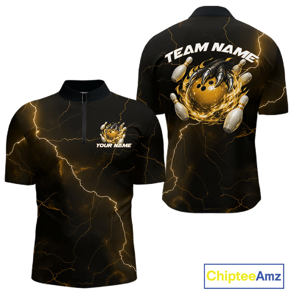 Front and back black and yellow mens bowling quarter-zip featuring a dragon claw gripping a flaming bowling ball with scattered pins.