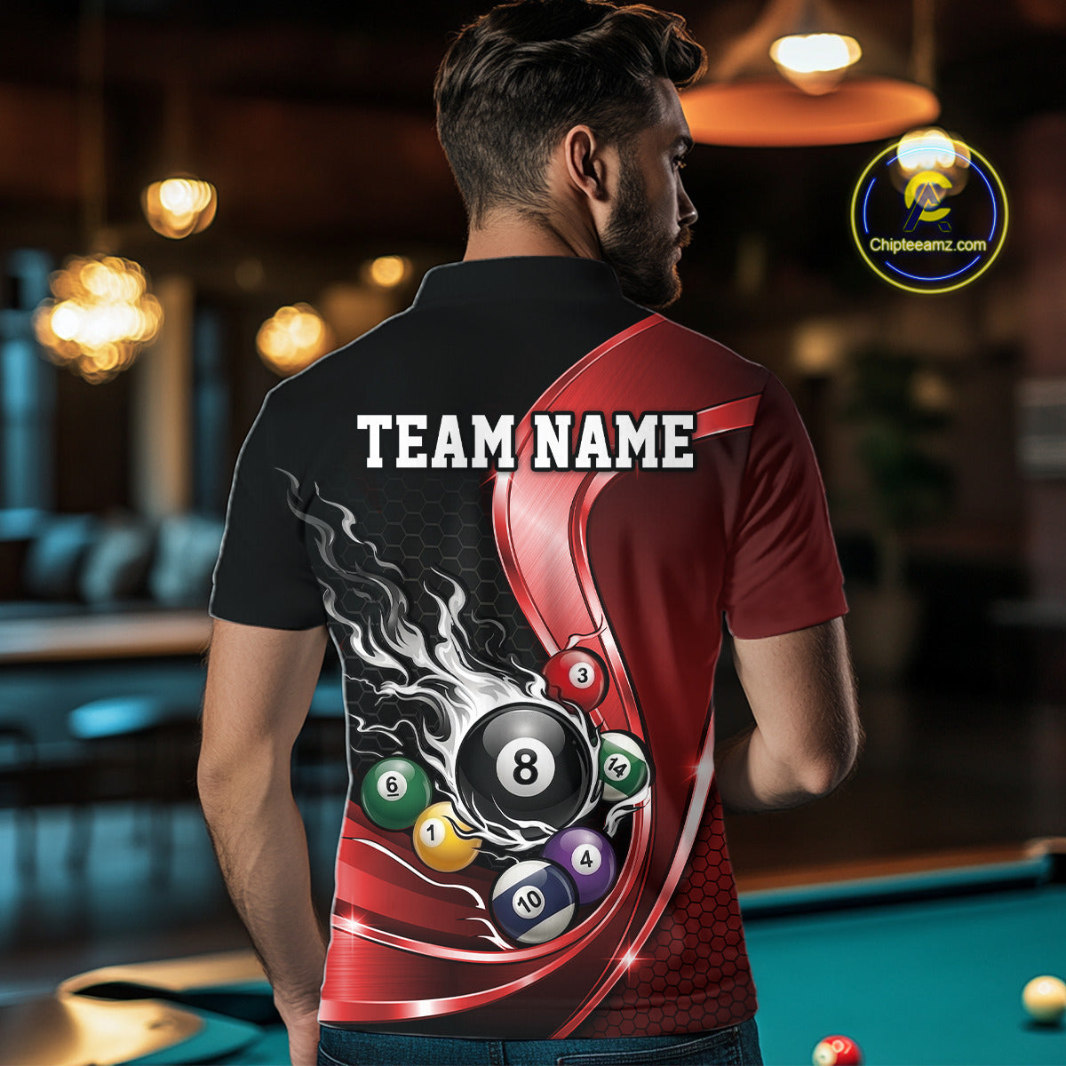 Back view of a male model in a black and red billiard polo with metallic ribbons, dark honeycomb graphics, and a flaming 8-ball