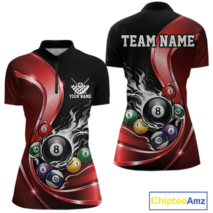 Front and back mockup of a womens black and red billiard quarter zip featuring metallic ribbons, dark honeycomb graphics, and a flaming 8-ball with scattered pool balls