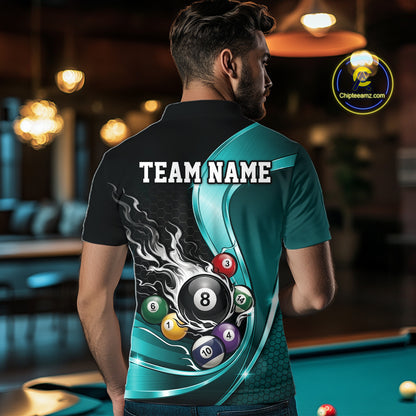 Back view of a male model wearing a black and blue billiard polo with metallic ribbons, dark honeycomb artwork, and a flaming 8-ball