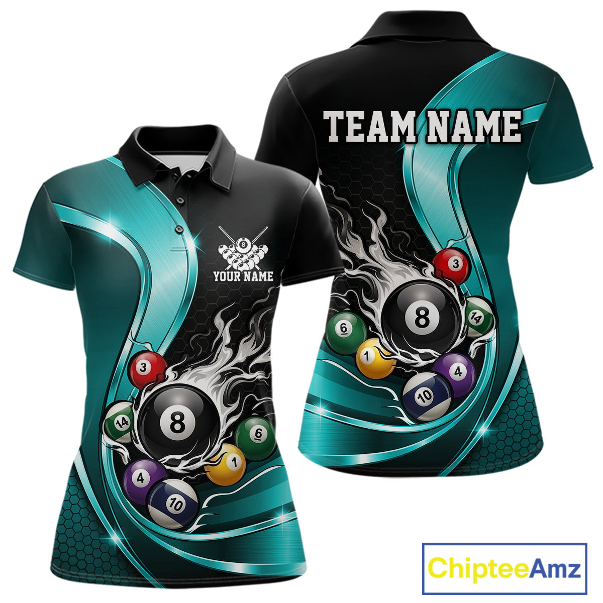 Front and back mockup of a womens black and blue billiard polo featuring metallic ribbon artwork, a dark honeycomb pattern, and a flaming 8-ball motif