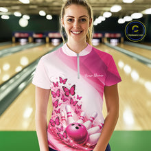 Load image into Gallery viewer, Custom Pink Butterfly Bowling Quarter-Zip Shirts For Women, Ladies Bowling Team Jerseys IPHW11345