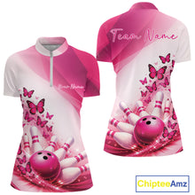 Load image into Gallery viewer, Custom Pink Butterfly Bowling Quarter-Zip Shirts For Women, Ladies Bowling Team Jerseys IPHW11345