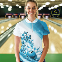 Load image into Gallery viewer, Custom Blue Butterfly Bowling Quarter-Zip Shirts For Women, Ladies Bowling Team Jerseys IPHW11347