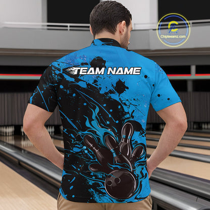 Custom Blue Flame Bowling Men Quarter-Zip Shirts, Splatter Bowling Team Tournament Shirt IPHW9933