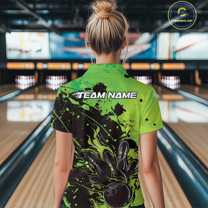 Custom Green Flame Bowling Women Quarter-Zip Shirt, Splatter Bowling Team Shirt IPHW9934