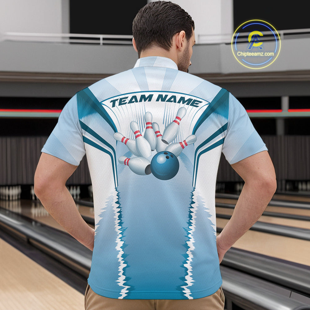 Custom Blue Bowling Team Jerseys, Bowling Uniform Bowling League Quarter-Zip Shirts For Men IPHW9935