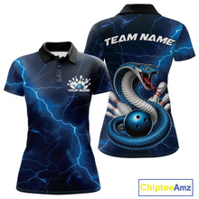 Load image into Gallery viewer, Custom Blue Lightning Cobra Bowling Women Polo Shirt, Bowling Tournament Team Shirt IPHW11076