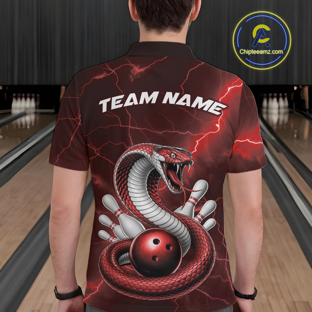 Back view of a mens bowling polo showcasing a red cobra wrapped around a bowling ball with scattered pins.