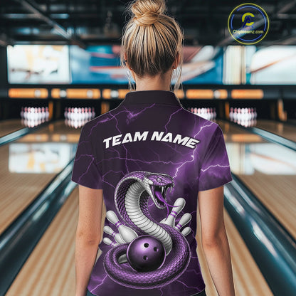 Back view of a womens bowling polo showcasing a purple cobra wrapped around a bowling ball with fantasy accents.