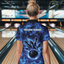 Load image into Gallery viewer, Custom Blue Flame Bowling Women Polo Team Shirt, Bowling Tournament Shirt IPHW11081