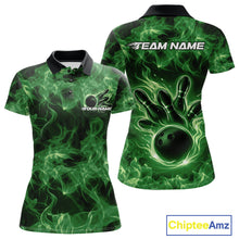 Load image into Gallery viewer, Custom Green Flame Bowling Women Polo Team Shirt, Bowling Tournament Shirt IPHW11082