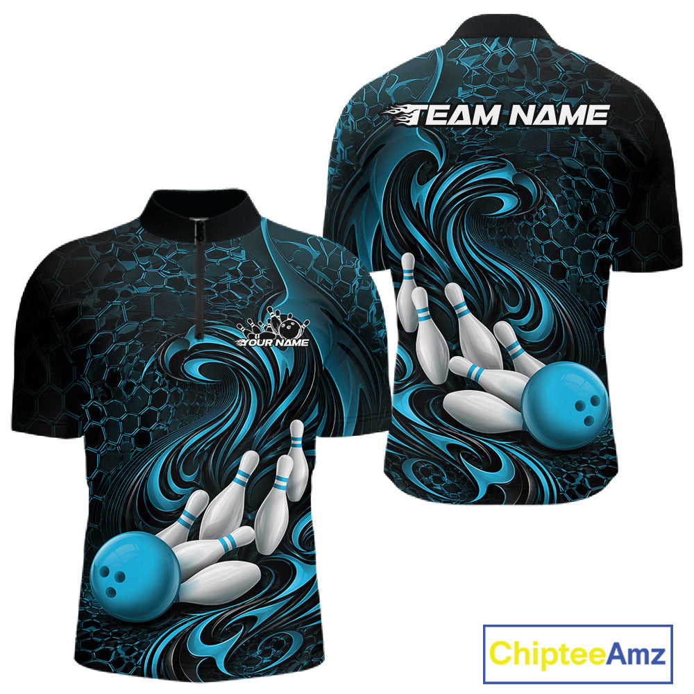 Front and back view of a black and blue mens bowling quarter-zip shirt featuring a tribal flame bowling ball and pins graphic