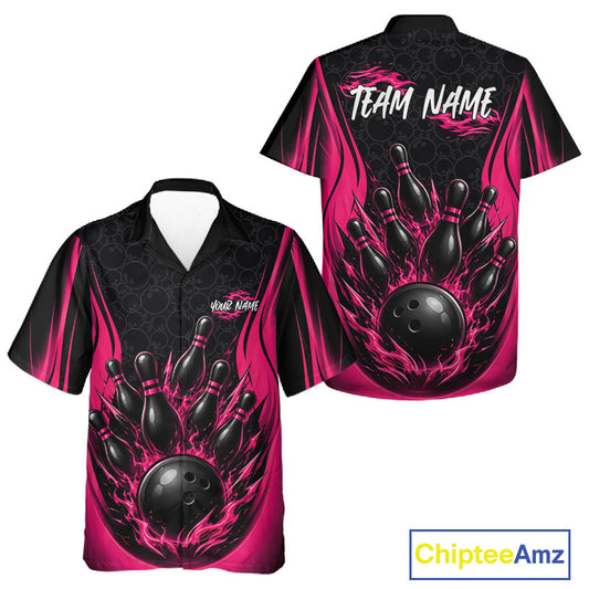 Custom Black And Pink Fire Flame Bowling Jerseys, Bowling Men And Women Hawaiian Shirts IPHW11685