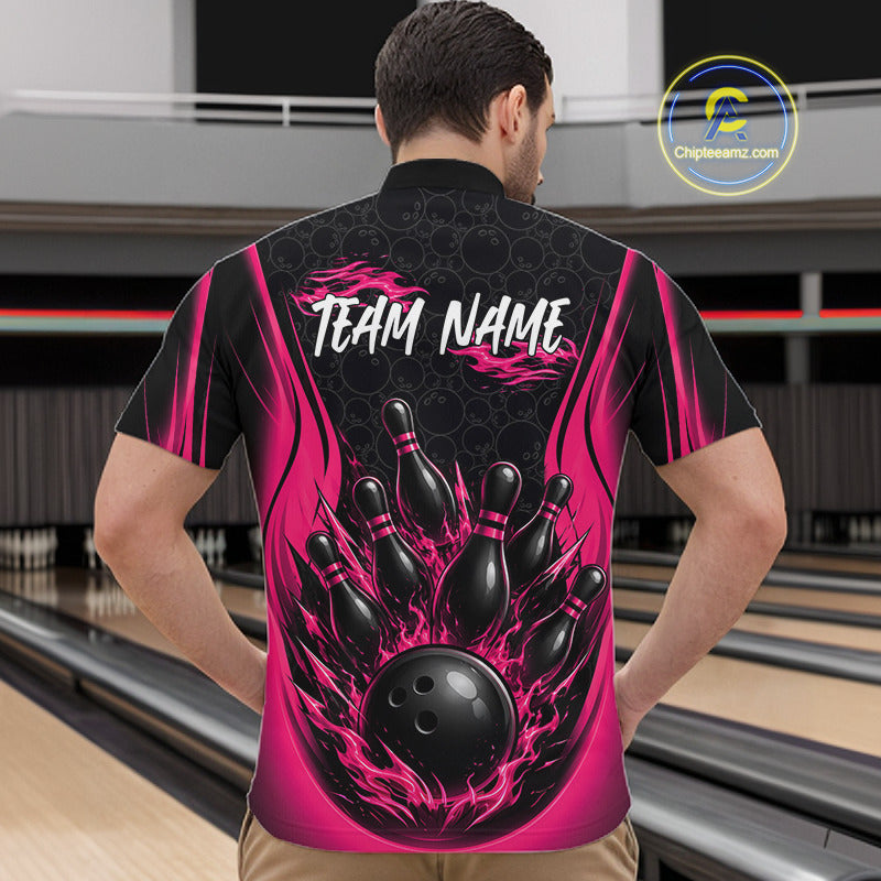 Custom Black And Pink Fire Flame Bowling Jerseys, Bowling Men Quarter Zip Shirts IPHW11685
