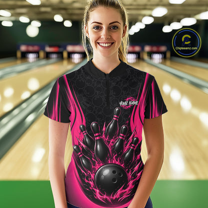 Custom Black And Pink Fire Flame Bowling Jerseys, Bowling Women Quarter-Zip Shirts IPHW11685