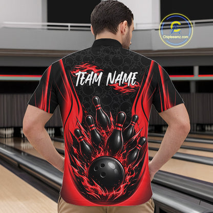Custom Black And Red Fire Flame Bowling Jerseys, Bowling Men Quarter Zip Shirts IPHW11686