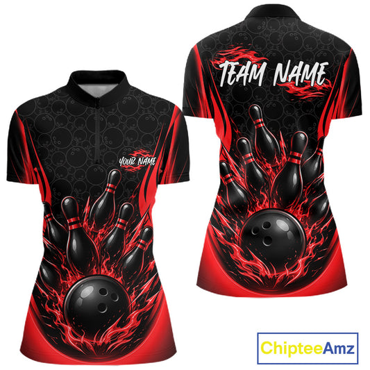 Custom Black And Red Fire Flame Bowling Jerseys, Bowling Women Quarter-Zip Shirts IPHW11686