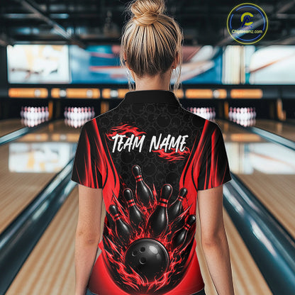 Custom Black And Red Fire Flame Bowling Jerseys, Bowling Women Quarter-Zip Shirts IPHW11686