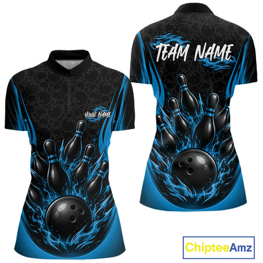 Custom Black And Blue Fire Flame Bowling Jerseys, Bowling Women Quarter-Zip Shirts IPHW11687