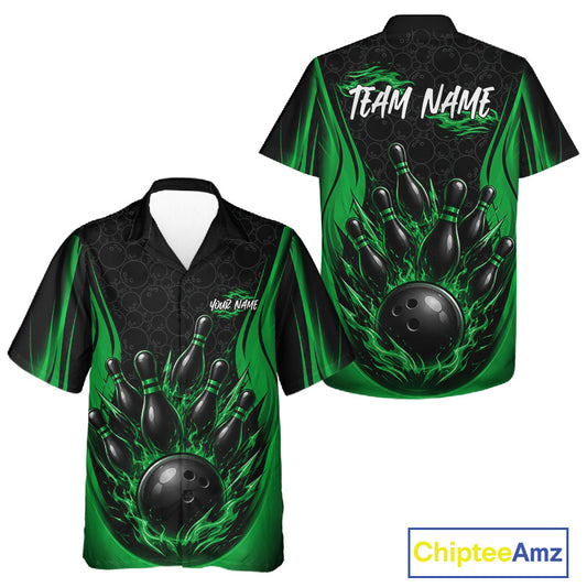 Custom Black And Green Fire Flame Bowling Jerseys, Bowling Men And Women Hawaiian Shirts IPHW11688