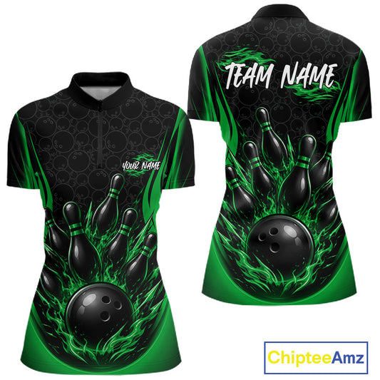Custom Black And Green Fire Flame Bowling Jerseys, Bowling Women Quarter-Zip Shirts IPHW11688