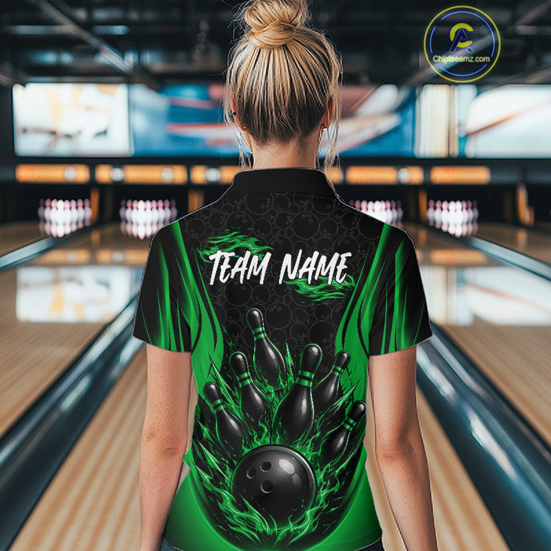 Custom Black And Green Fire Flame Bowling Jerseys, Bowling Women Quarter-Zip Shirts IPHW11688