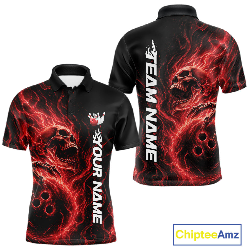 Front and back view of a men's bowling polo shirt mockup showcasing a red energy-flame skull clutching a bowling ball on a black background
