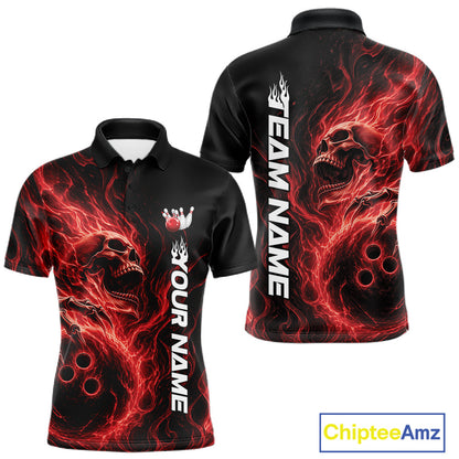 Front and back view of a men's bowling polo shirt mockup showcasing a red energy-flame skull clutching a bowling ball on a black background