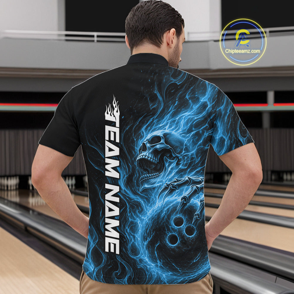 Male model wearing a black bowling quarter-zip shirt in a bowling alley with a skull holding a bowling ball surrounded by swirling blue energy flames