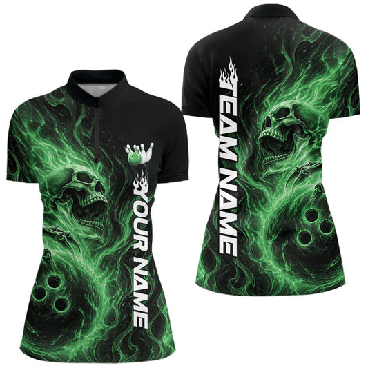 Front and back view of a women's bowling quarter-zip shirt mockup showcasing a green energy-flame skull clutching a bowling ball on a black shirt