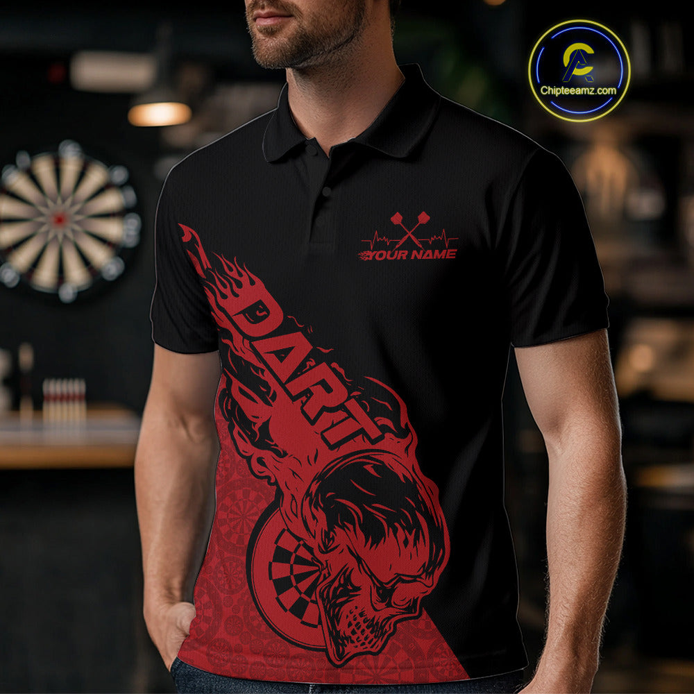Custom Red Flame Skull Dartboard Dart Men Polo Shirt, Halloween Dart Team Outfit IPHW9942