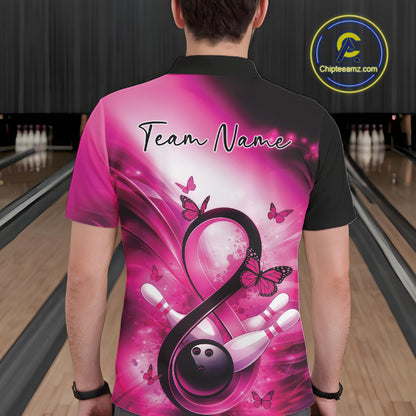 Back view of a bowling polo displaying a pink ribbon wrapped around a bowling ball alongside bowling pins.