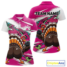 Load image into Gallery viewer, Front and back views of a pink custom women's bowling polo shirt featuring a funny graffiti turkey holding a bowling ball, paint splatter accents, and a personalized name.
