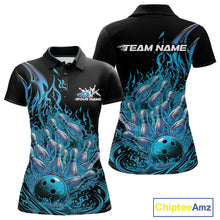 Load image into Gallery viewer, Custom Blue Fire Flame Bowling Women Polo Shirts, Bowling Team League Shirt IPHW11138