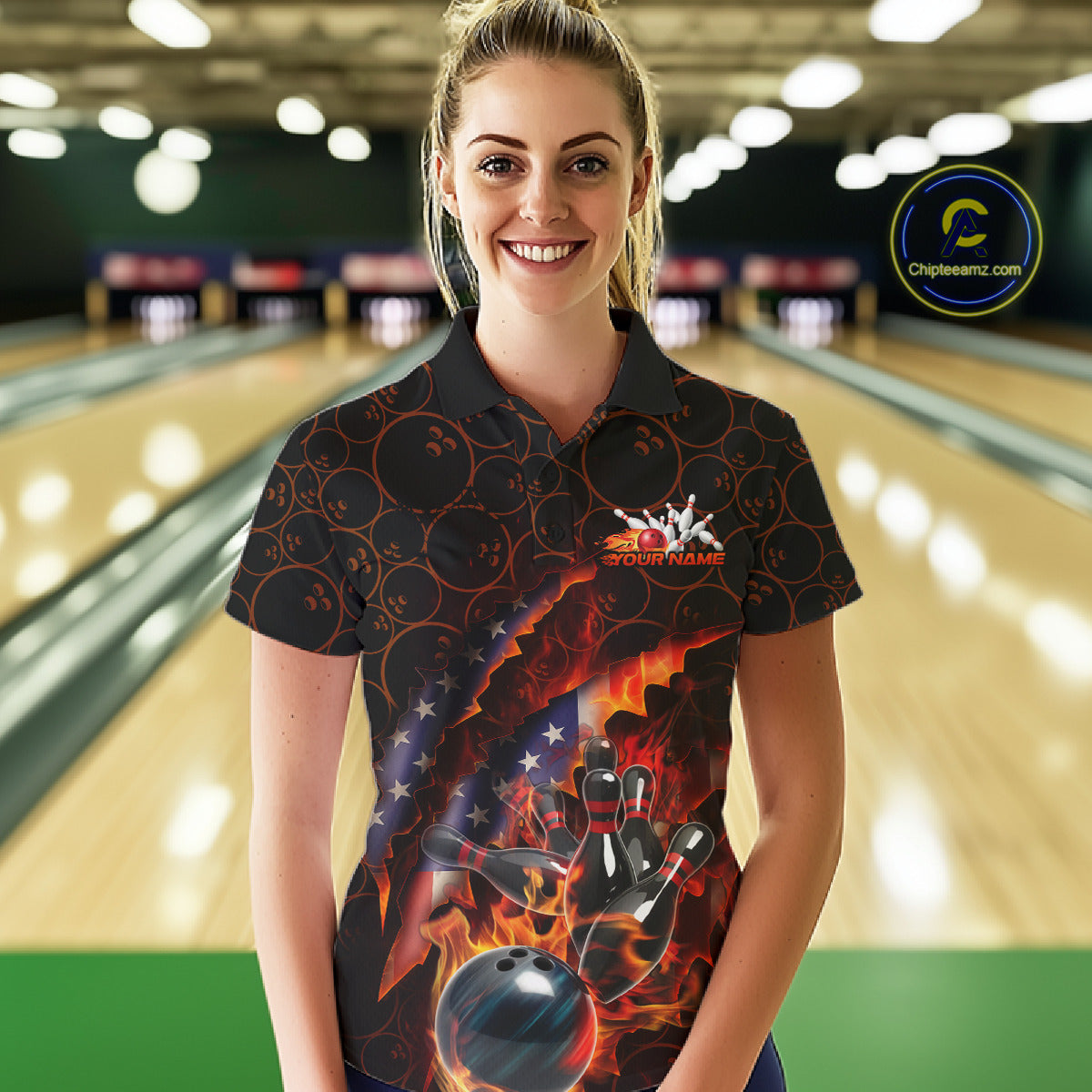 Custom Patriotic Flame Women Bowling Team Shirt, US Flag Bowling League Team Shirt IPHW10192