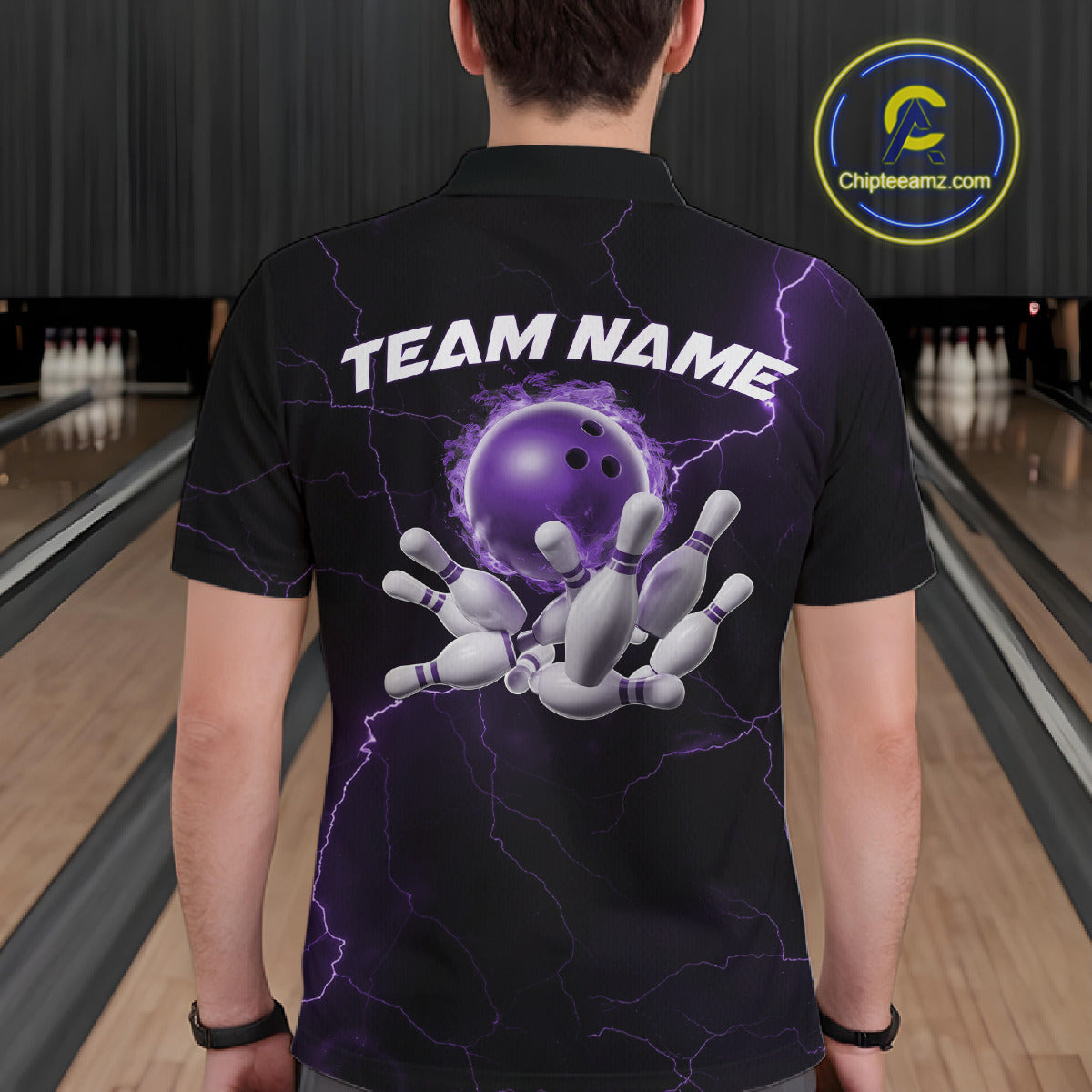 Custom Purple Thunder Lightning Flame Bowling Ball Men Bowling Team Shirt Bowler Outfit IPHW10671