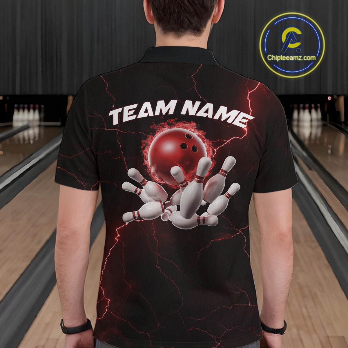 Custom Red Thunder Lightning Flame Bowling Ball Men Bowling Team Shirt Bowler Outfit IPHW10672