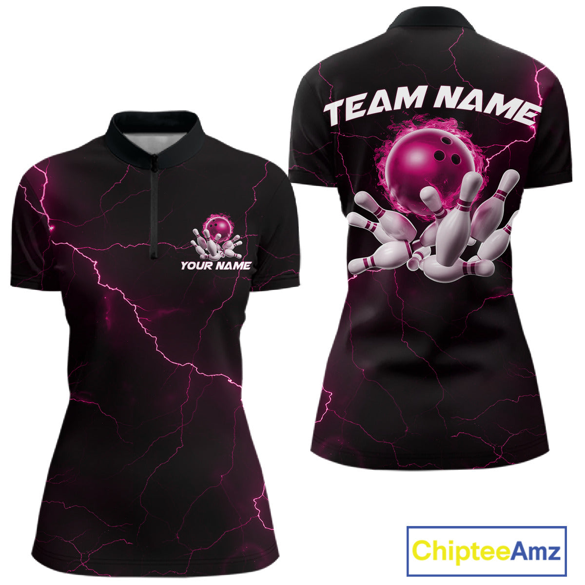 Custom Pink Thunder Lightning Flame Bowling Ball Women Bowling Team Shirt Bowler Outfit IPHW10673