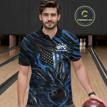 Load image into Gallery viewer, Custom Blue American Flag Flame Men Bowling Polo Shirt, Patriotic Bowling Jersey IPHW11176