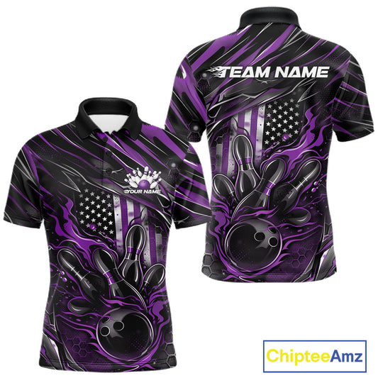 Front and back view of a black and purple men’s bowling polo shirt featuring a patriotic flaming bowling ball striking pins with American flag accents.