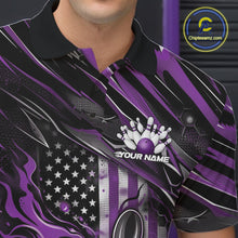 Load image into Gallery viewer, Custom Purple American Flag Flame Men Bowling Polo Shirt, Patriotic Bowling Jersey IPHW11177