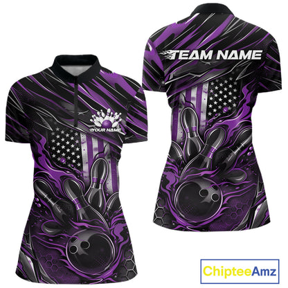 Women’s quarter zip bowling shirt mockup displaying black and purple colorway with patriotic flaming bowling ball striking pins and flag-themed accents