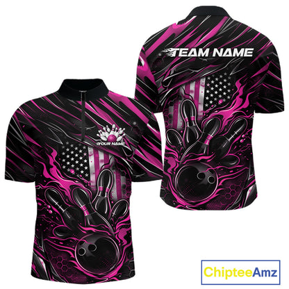 Front and back mockup of a black and pink men’s bowling quarter-zip shirt showcasing a patriotic flaming bowling ball striking pins with an American flag theme.