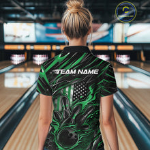 Load image into Gallery viewer, Custom Green American Flag Flame Women Bowling Shirt, Patriotic Bowling Jersey IPHW11179