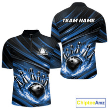 Load image into Gallery viewer, Custom Blue Fire Flame Bowling Team Men Quarter-Zip Shirt, Bowling League Shirt IPHW11186