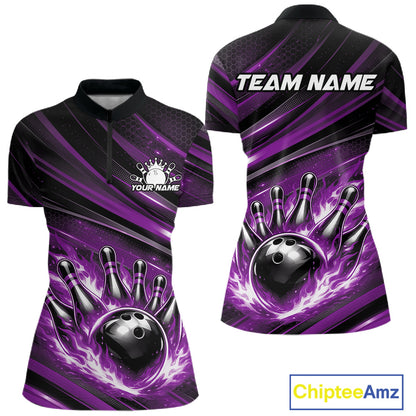 Women’s quarter zip bowling shirt mockup featuring black and purple shirt with fiery bowling ball striking pins and abstract stripe accents